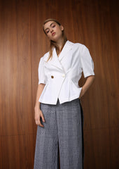 Linen Blouse With Shoulder Bows And Ruched Neckline For Playful, Feminine Summer Style