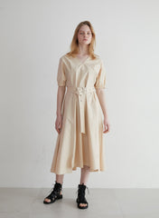 Linen Midi Dress with Puff Sleeves, V-Neckline, Flared Skirt, and Wide Buckle Waist Belt