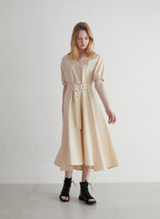 Linen Midi Dress with Puff Sleeves, V-Neckline, Flared Skirt, and Wide Buckle Waist Belt