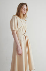 Linen Midi Dress with Puff Sleeves, V-Neckline, Flared Skirt, and Wide Buckle Waist Belt