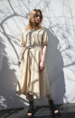 Linen Midi Dress with Puff Sleeves, V-Neckline, Flared Skirt, and Wide Buckle Waist Belt