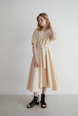 Linen Midi Dress with Puff Sleeves, V-Neckline, Flared Skirt, and Wide Buckle Waist Belt
