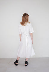 Elegant V-Neck Linen Midi Dress with Belted Waist and Puff Sleeves for Women