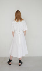 Elegant V-Neck Linen Midi Dress with Belted Waist and Puff Sleeves for Women