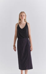 High-Waisted Linen Midi Skirt with Side Button Detail and Elastic Back Waistband