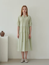 Elegant Pleated Linen Midi Dress with Tiered Skirt and Drawstring Waist Detail