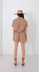 Short-Sleeve Linen Utility Shirt with Oversized Pockets and Collared Neckline