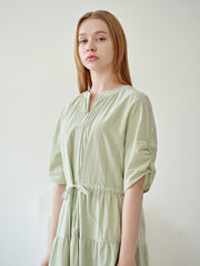 Elegant Pleated Linen Midi Dress with Tiered Skirt and Drawstring Waist Detail