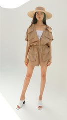 Short-Sleeve Linen Utility Shirt with Oversized Pockets and Collared Neckline