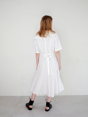 Elegant V-Neck Linen Midi Dress with Belted Waist and Puff Sleeves for Women
