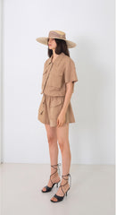 Short-Sleeve Linen Utility Shirt with Oversized Pockets and Collared Neckline