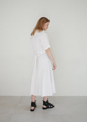 Elegant V-Neck Linen Midi Dress with Belted Waist and Puff Sleeves for Women