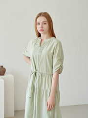 Elegant Pleated Linen Midi Dress with Tiered Skirt and Drawstring Waist Detail