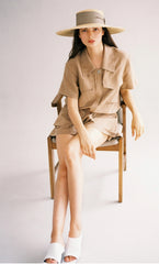 Short-Sleeve Linen Utility Shirt with Oversized Pockets and Collared Neckline