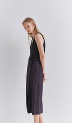 High-Waisted Linen Midi Skirt with Side Button Detail and Elastic Back Waistband
