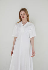Elegant V-Neck Linen Midi Dress with Belted Waist and Puff Sleeves for Women