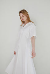 Elegant V-Neck Linen Midi Dress with Belted Waist and Puff Sleeves for Women