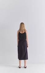 High-Waisted Linen Midi Skirt with Side Button Detail and Elastic Back Waistband
