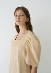 Elegant Puff Sleeve Midi Dress Crafted From Breathable Linen With Tailored Fit And Flared Hem