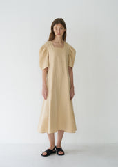 Elegant Puff Sleeve Midi Dress Crafted From Breathable Linen With Tailored Fit And Flared Hem