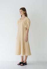 Elegant Puff Sleeve Midi Dress Crafted From Breathable Linen With Tailored Fit And Flared Hem