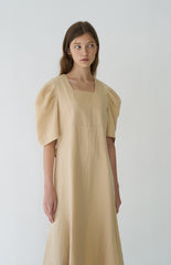 Elegant Puff Sleeve Midi Dress Crafted From Breathable Linen With Tailored Fit And Flared Hem