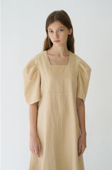 Elegant Puff Sleeve Midi Dress Crafted From Breathable Linen With Tailored Fit And Flared Hem