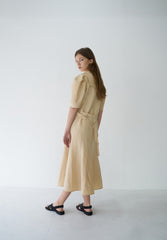 Elegant Puff Sleeve Midi Dress Crafted From Breathable Linen With Tailored Fit And Flared Hem