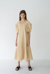 Elegant Puff Sleeve Midi Dress Crafted From Breathable Linen With Tailored Fit And Flared Hem