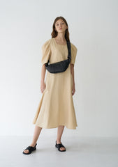 Elegant Puff Sleeve Midi Dress Crafted From Breathable Linen With Tailored Fit And Flared Hem