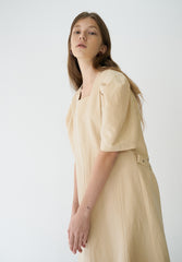 Elegant Puff Sleeve Midi Dress Crafted From Breathable Linen With Tailored Fit And Flared Hem