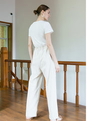 Relaxed Fit Linen Pants With Adjustable Drawstring Waist and Full-Length Wide-Leg Silhouette