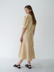 Elegant Puff Sleeve Midi Dress Crafted From Breathable Linen With Tailored Fit And Flared Hem