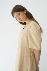 Elegant Puff Sleeve Midi Dress Crafted From Breathable Linen With Tailored Fit And Flared Hem