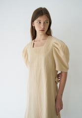 Elegant Puff Sleeve Midi Dress Crafted From Breathable Linen With Tailored Fit And Flared Hem