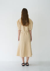 Elegant Puff Sleeve Midi Dress Crafted From Breathable Linen With Tailored Fit And Flared Hem