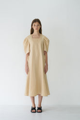 Elegant Puff Sleeve Midi Dress Crafted From Breathable Linen With Tailored Fit And Flared Hem