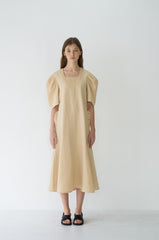Elegant Puff Sleeve Midi Dress Crafted From Breathable Linen With Tailored Fit And Flared Hem