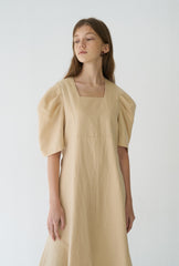 Elegant Puff Sleeve Midi Dress Crafted From Breathable Linen With Tailored Fit And Flared Hem