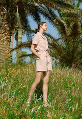 Short Sleeve Linen Jumpsuit for Women with Drawstring Waist and Notched Collar – Lightweight Summer Fit