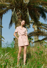 Short Sleeve Linen Jumpsuit for Women with Drawstring Waist and Notched Collar – Lightweight Summer Fit