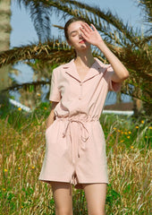 Short Sleeve Linen Jumpsuit for Women with Drawstring Waist and Notched Collar – Lightweight Summer Fit