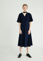 Chic V-Neck Linen Midi Dress with Belted Waist and Short Sleeves for Elegant Styling