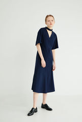 Chic V-Neck Linen Midi Dress with Belted Waist and Short Sleeves for Elegant Styling