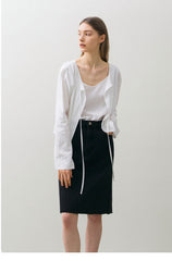 Classic High-Waisted Cotton Denim Midi Skirt with Raw Hem and Front Seam for Modern Minimal Style