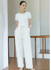 Relaxed Fit Linen Pants With Adjustable Drawstring Waist and Full-Length Wide-Leg Silhouette