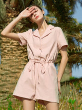 Short Sleeve Linen Jumpsuit for Women with Drawstring Waist and Notched Collar – Lightweight Summer Fit