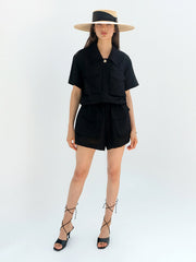 Short-Sleeve Linen Shirt With Oversized Pockets And Wide Pointed Collar