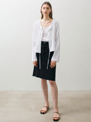 Classic High-Waisted Cotton Denim Midi Skirt with Raw Hem and Front Seam for Modern Minimal Style