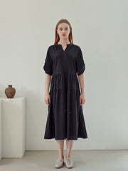 Pleated Linen Midi Dress with Relaxed Sleeves and Adjustable Drawstring Waist